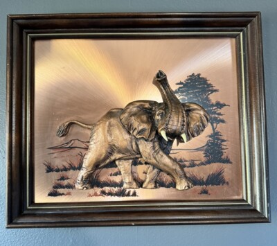 John Louw Signed 3D Copper Wall Art African Elephant Trunk Up 3D