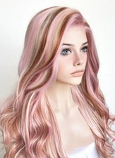 Pink Blonde Brown Mixed Long Wavy Hair Premium Synthetic Lace Front Wig Gift