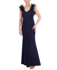 Eliza J Women's Ruffle-Shoulder Mixed-Media V-neck Gown Maxi Dress Navy 12