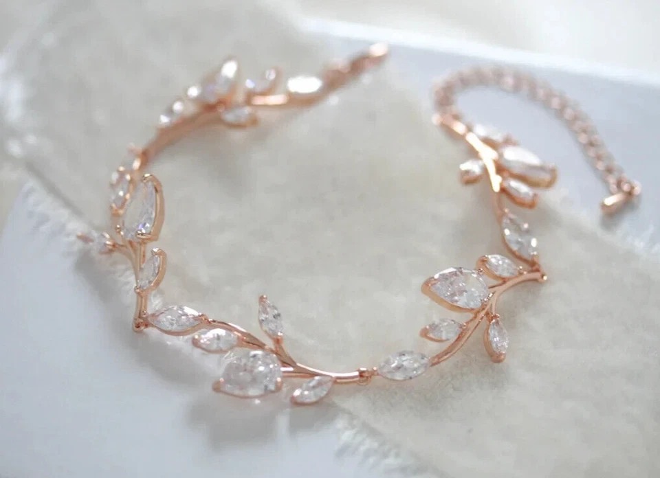 Brazalete nupcial de boda hoja de circonita cúbica corte marquesa 5 quilates de plata 925 maciza Foto 4 de 4