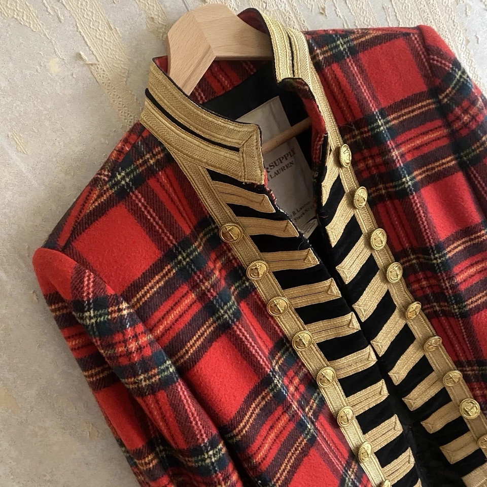 Ralph Lauren Size M Denim & Supply Red Tartan Military Frock Coat Gold Buttons - Image 3 of 4