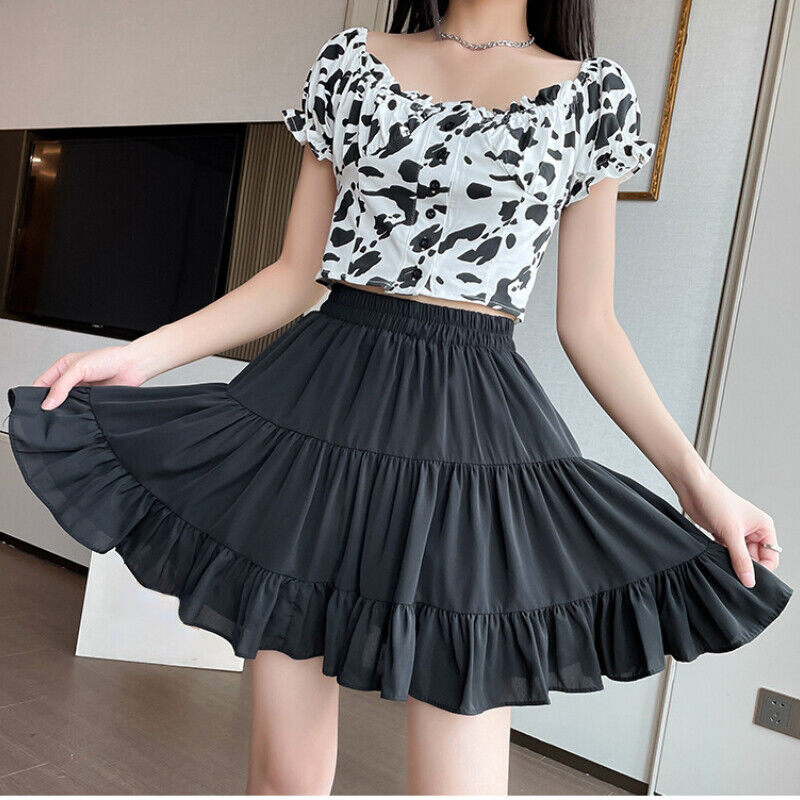 Lady Elastic High Waist Chiffon Mini Skirt Ruffle Frill Flare Casual Summer  Cute