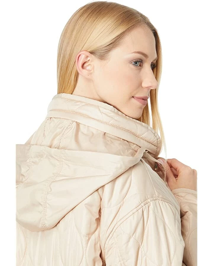 NUOVA giacca trapuntata corta con cintura Kate Spade NY con cappuccio pieghevole taglia S piccolo cachi