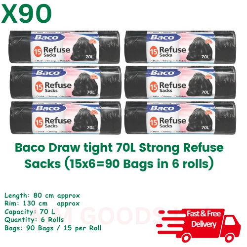 BACOFOIL BACO Draw Tie Refuse Sacks 70 L 90 Bags (Pack of 6 rolls) - heavy duty