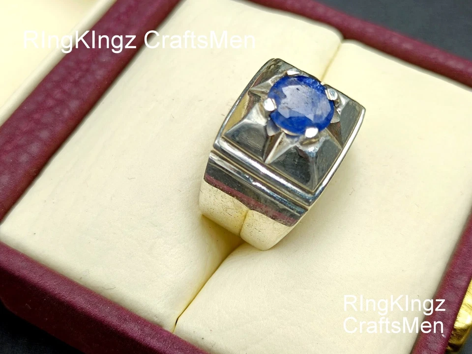 Anillo de piedra de zafiro natural para hombre talla 10 ajustable plata de ley 925 neelam Foto 3 de 4
