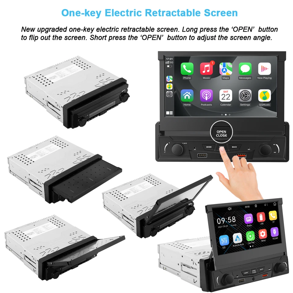 Radio estéreo para automóvil única 1DIN 7" Apple Carplay Android Auto GPS Pantalla abatible Foto 3 de 4