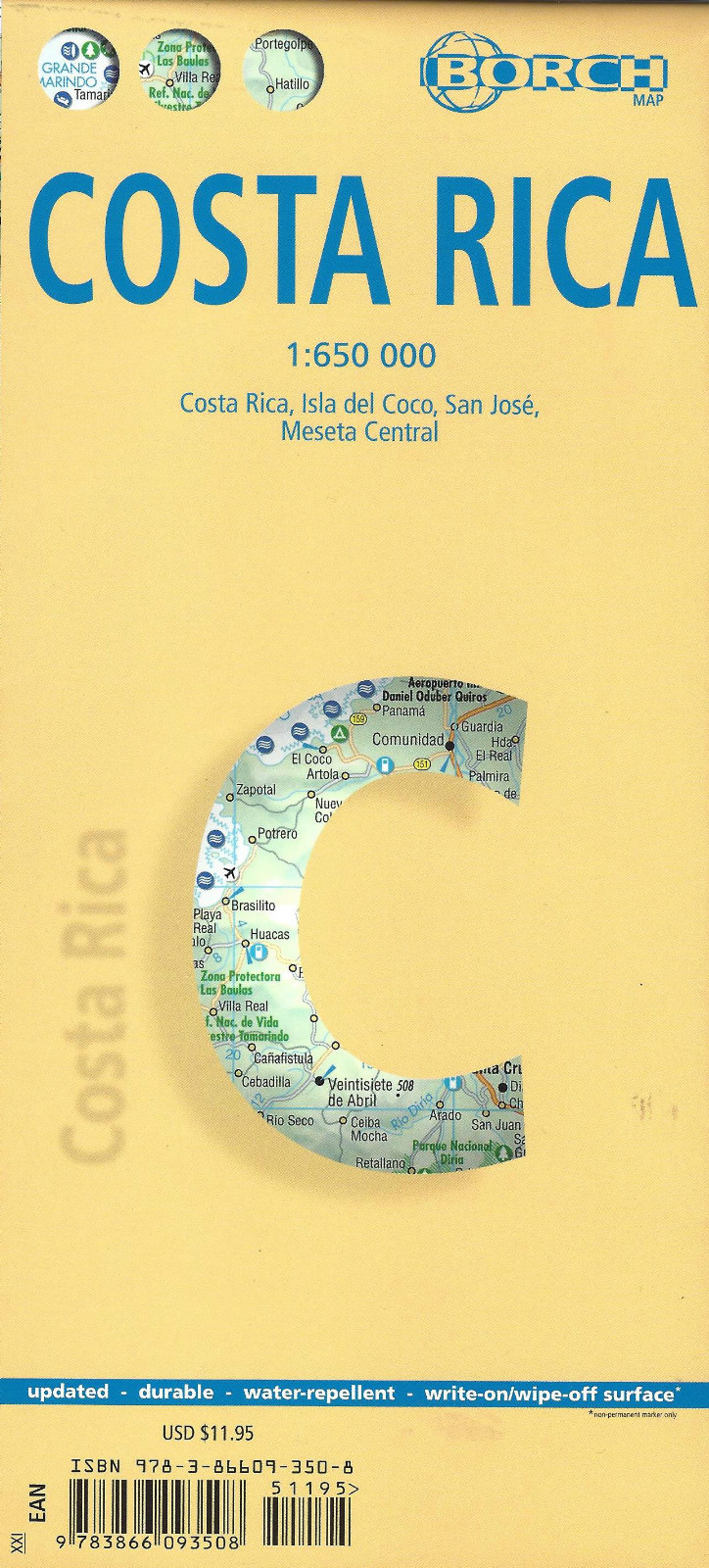 Costa Rica laminated Travel Reference Map, with San Jose Map by Borch ...