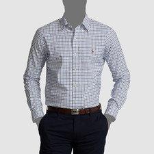  98 Polo Ralph Lauren Men's Classic-Fit White Blue Plaid Long-Sleeve Shirt XL