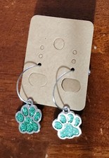 Green Glittery Paw Print Earrings