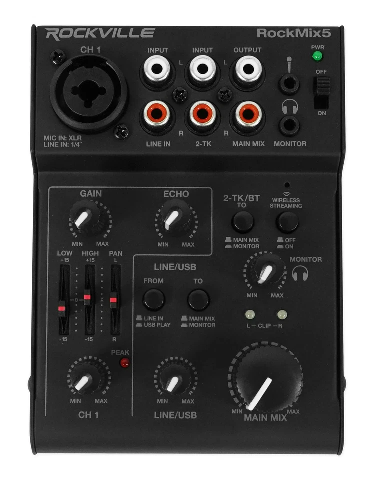 Rockville RockMix 5 Ch Mixer w/USB Interface, Bluetooth, Echo, EQ+AKG Headphones - Image 2 of 4
