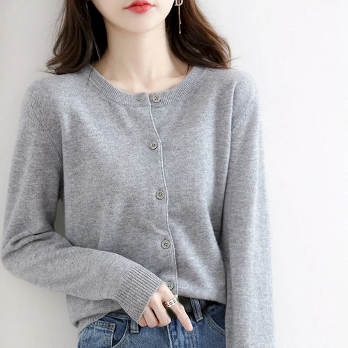 Women's Cashmere Blend Sweater Solid Color Crew Neck Button Cardigan Jacket Coat - Bild 9 von 23