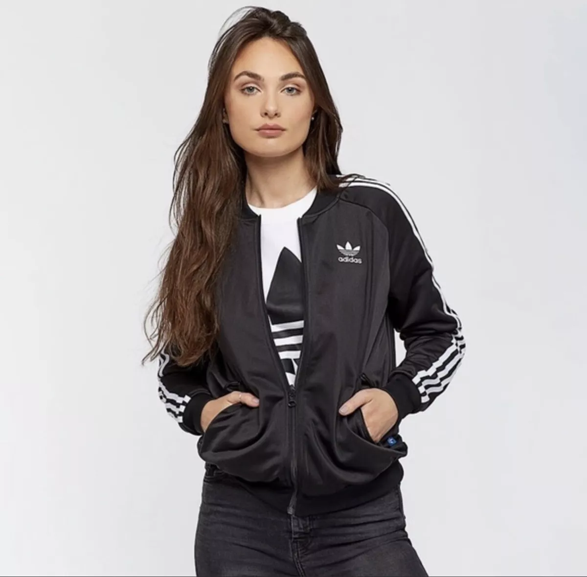 Womens Adidas Originals Superstar Track Jacket Back Trefoil Logo Black SZ | eBay