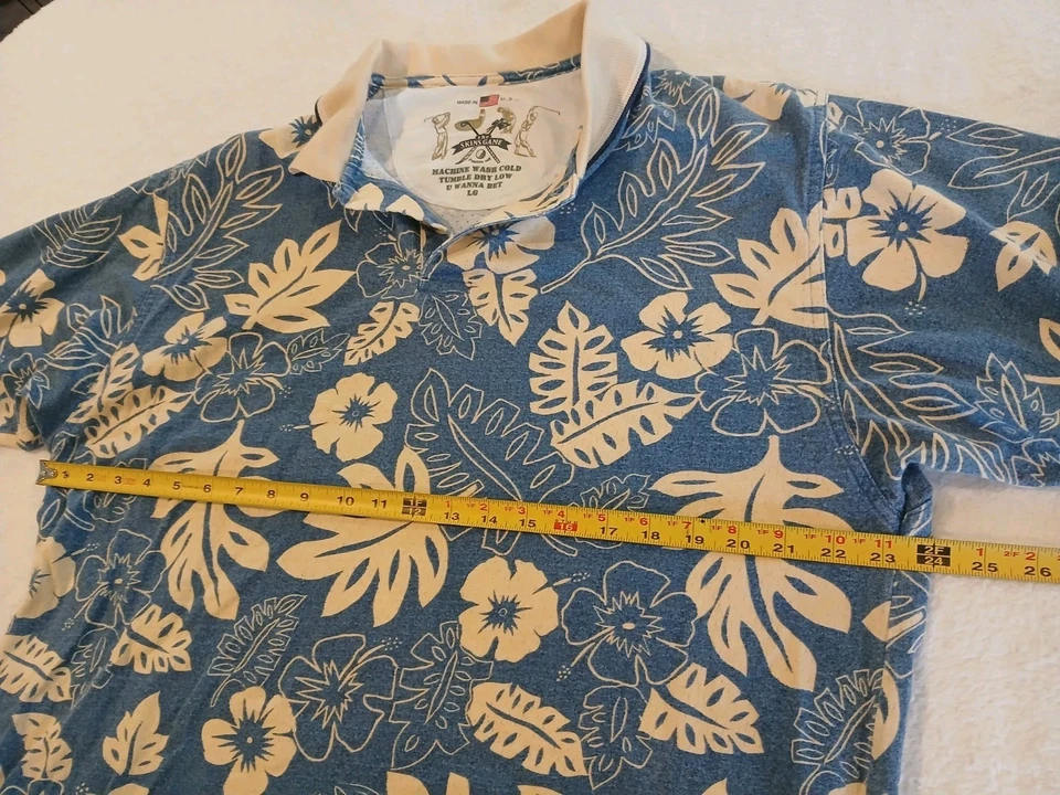 Camisa Polo de Golf Hawaiana The Skins Game De Colección Para Hombres L Azul Floral Hecha en EE. UU. Foto 4 de 4