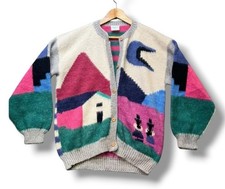 Vintage Alpaca Wool Cardigan Peru Handmade Scenic Knit Sweater Women M