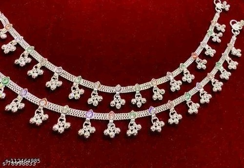 Antique Women Silver Kundan Ghungroo Anklet Fancy Design Handmade Wedding Payal - Picture 2 of 2