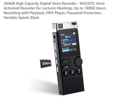 WUCOTC Digital Voice Recorder 264GB Voice Activated MP3 Playback Black