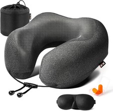 MLVOC Memory Foam Travel Neck Pillow Set with Eye Mask Earplugs - Portable