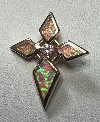 Rose Gold Over 925 Sterling Cross Pendant Multicolor Opal & Pink Quartz Signed