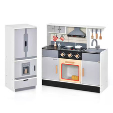 Kids Wooden Pretend Play Kitchen Toddlers Toy with Refrigerator and Accessories