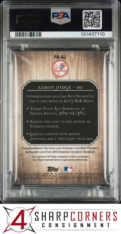 2014 BOWMAN INCEPTION PROSPECT AUTO BLUE #PA-AJ AARON JUDGE RC #/75 POP 2 PSA 7 - Image 2 of 4