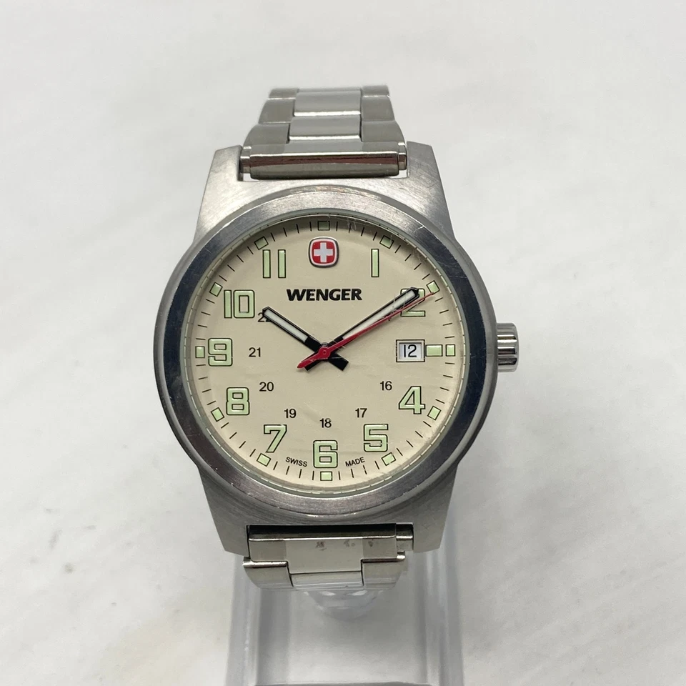 Reloj Wenger Field Hombre 41mm Tono Plata Fecha Hecho en Suiza 100M Batería Nueva 7.25" Foto 3 de 4