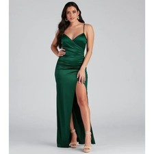 Windsor Emerald Green Satin Ruched Maxi Dress High Slit Formal Gown Womens M