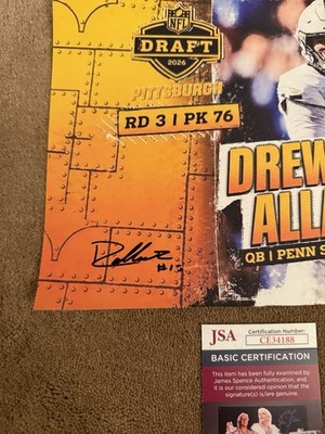 Drew Allar Autographed Photo Pittsburgh Steelers 8.5x11 JSA