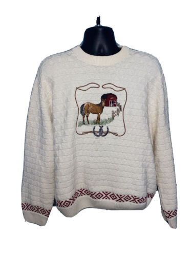 Cabelas Horse Equestrian Sweater Size L Ivory Cott