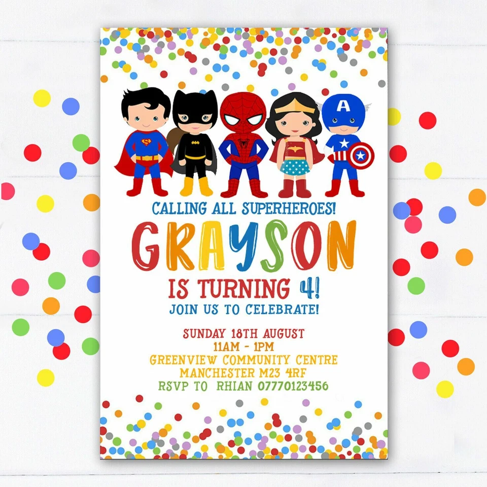 SUNSHINE PARTY UK Personalised Superhero Party Invitations, Birthday Invites, Superheroes, 10 pack
