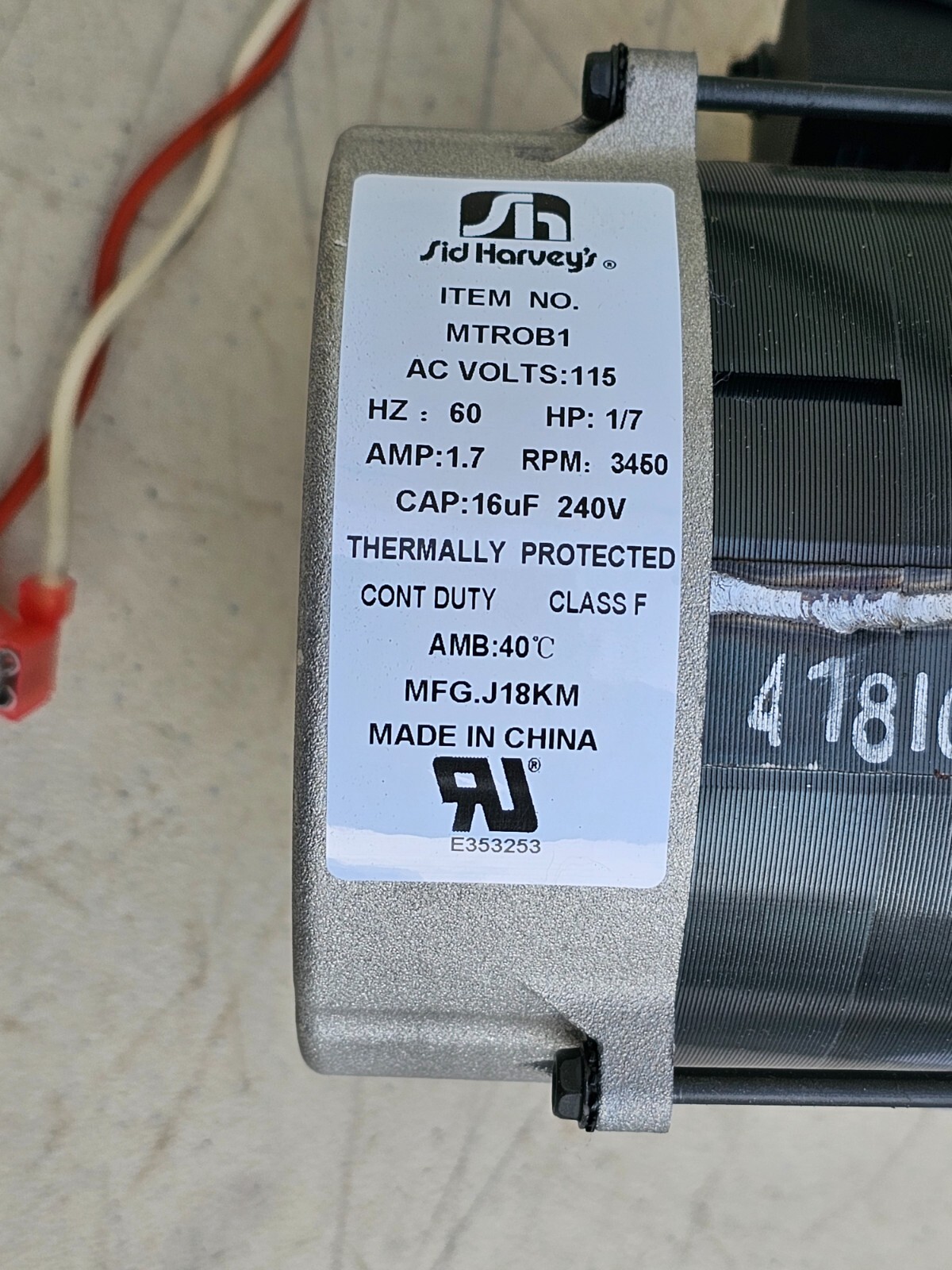 Oil Burner Motor SID HARVEY MTROB1 Permanent Split Capacitor 1/7HP 115V