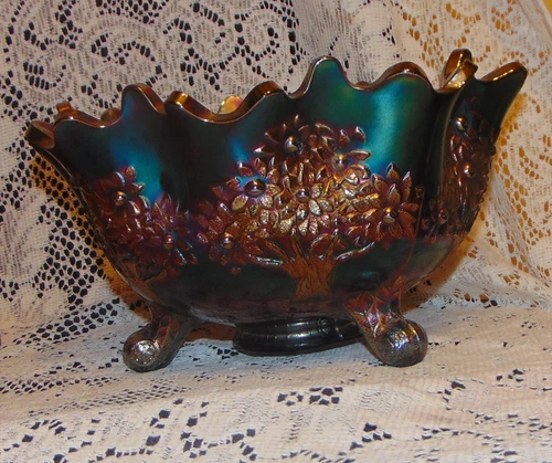 Antique Footed Fenton Blue Carnival Glass Orange Tree Fruit Bowl 10" Dia