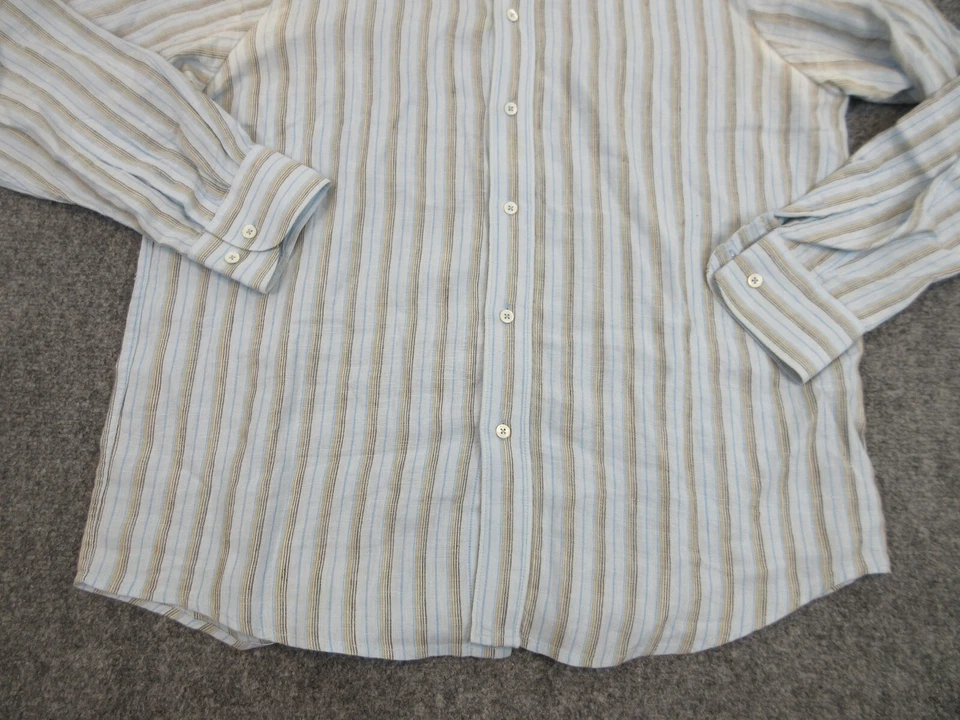 Indigo Palms Shirt Mens Adult Large Blue Brown Stripes Button Up Casual Linen - Image 3 of 4