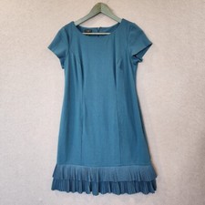 Talbots Shift Dress Cap Sleeve Pleated layered Hem Sz 8P Ponte Knit Teal Blue