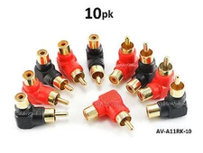 10-PACK Red/Black RCA Male Plug to RCA Female Right Angle Adapter,  AV-A11RK