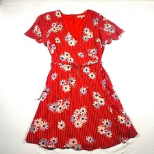 Madewell Red Floral Pinstripe Wrap Mini Dress Flutter Sleeve Size 2