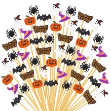 100 Pieces Halloween Toothpicks Cocktail Picks Pumpkin Bat Ghost Bamboo Sticks w