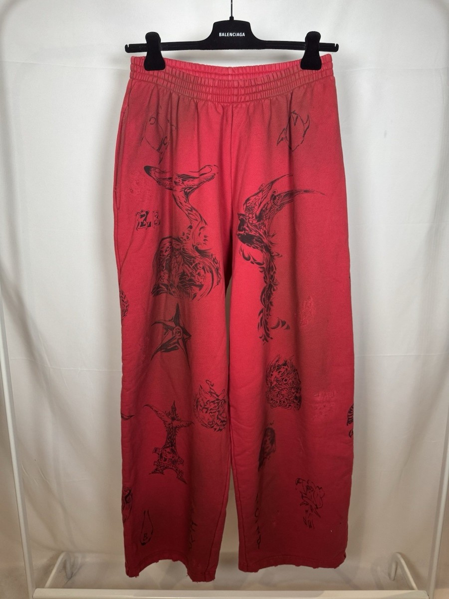 BALENCIAGAスウェット レッド ビッグロゴ タトゥースリーブ 男女兼用 Balenciaga Distressed Tattoo Sweatpants | eBay