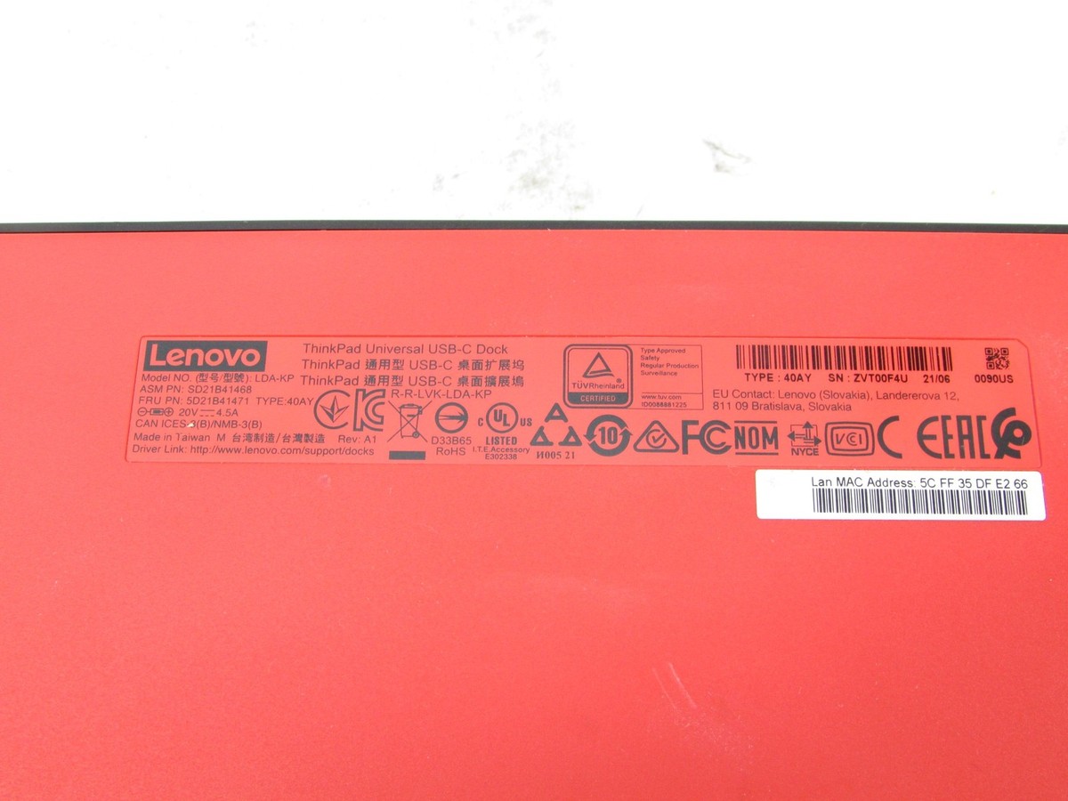 Lenovo ThinkPad Universal USB-C LDA-KP 40AY Docking Station No AC