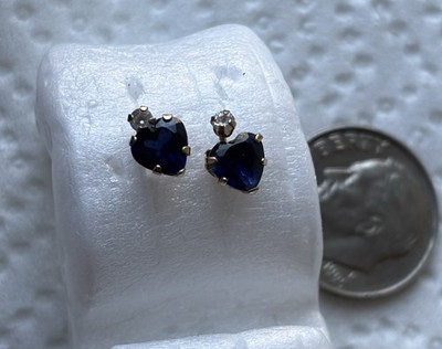 10K Gold Heart  Dk.Blue Lab-Created Sapphire Gemstone Earrings (Mix Matched! )