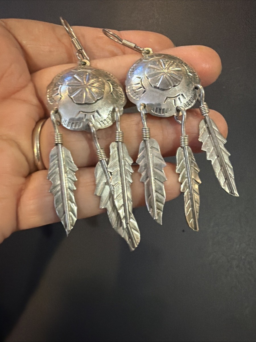 Vintage Taxco 925 Sterling Silver Feather Drop Dangle Heavy Earrings View 3