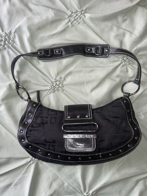 GUESS Vintage Black Logo Shoulder Bag Studded Buckle Magnetic Close Silver