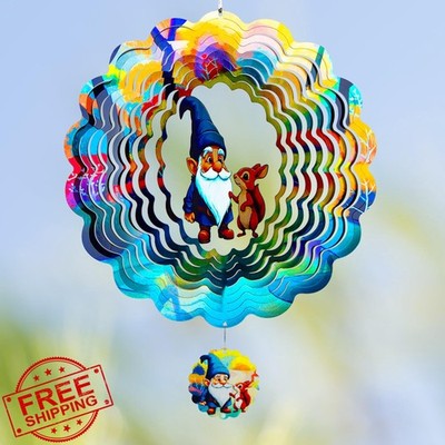 Gnome Gifts Wind Spinner 12in 3D Stainless Steel Reflective Garden Decor Yard