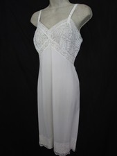 Vintage White All Nylon Full Dress Slip Lingerie Chiffon Lined Bust Lace Size 38