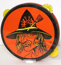 T COHN VINTAGE HALLOWEEN WITCH w/ DEVIL HAT TAMBOURINE 7" USA NOISE MAKER yellow