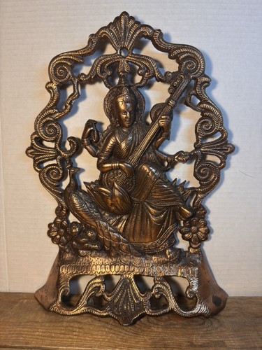 Goddess Saraswati Metal Wall Decor Hindu Figure Peacock 369