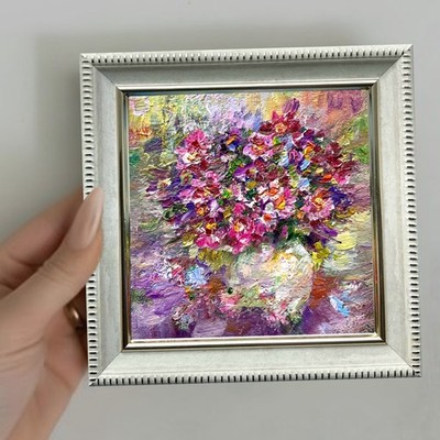 Wildflowers Original Oil Painting Floral Impasto Small Wall Art 4x4in Signed