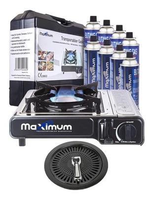 MAXSUN/IMEX/RSONIC/ROLAND Camping Gaskocher mit 8 Gaskartuschen + Grillplatte und Transportkoffer