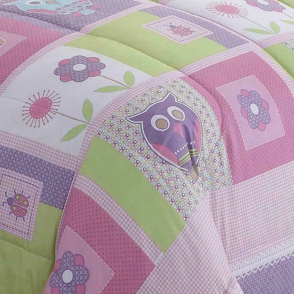 Laura Hart Happy Owls Flowers Patchwork KIds Twin Comforter Sham Pink Set - Image 2 of 4