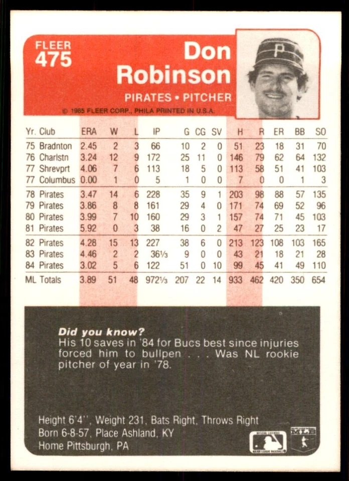 1985 Fleer Don Robinson Baseball Cards #475 - Image 2 of 2