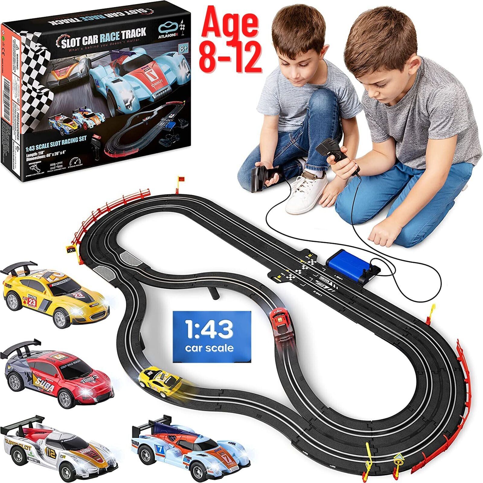 Growsly Electric Cars Race Track Set with 4 High-Speed Slot Cars Dual Racing  Game Lap Counter Circular Overpass Track for 4-12 Years Old Kids 